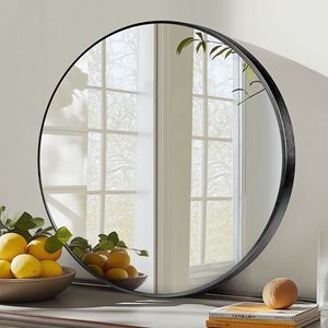 Miroir mural ovale biseauté de 20 pouces, réflexion cristalline, cadre en alliage d'aluminium de qualité supérieure, noir avec crochets de suspension - Product Image 1