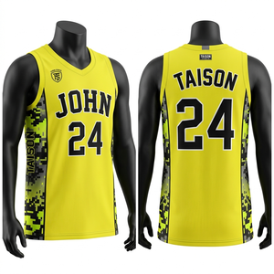 Maillot de basket-ball pour homme en maille polyester respirante de qualité supérieure 180 GSM Jaune Noir Camouflage numérique sur les côtés Logo personnalisé par sublimation - Product Image 1