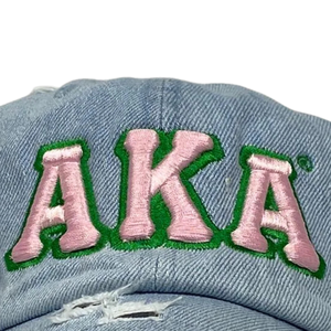 AKA <b>Light</b> Denim <b>Hat</b> <b>Light</b> Blue Distressed Baseball Cap with Green Pink Embroidered Letters Adjustable Casual Denim Cap for Women - Product Image 3