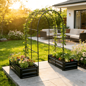 Set di 2 Fioriere da Giardino in Metallo con Traliccio ad Arco, Contenitori per Piante Rampicanti da Esterno, Recinzioni e Cancelli Rialzati - Product Image 2
