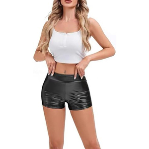Black Faux Leather Booty Shorts Women Wide Flat Waistband Tight Fit Glossy PU Shiny Sexy Rave <b>Dance</b> - Product Image 4