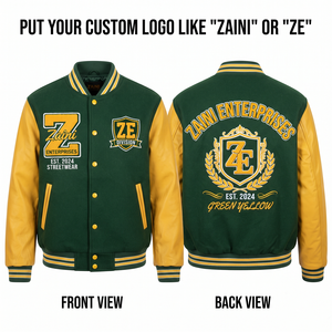 Veste varsity en laine premium 450 GSM, vert et jaune, panneau contrastant, logo brodé en chenille personnalisé - Product Image 1