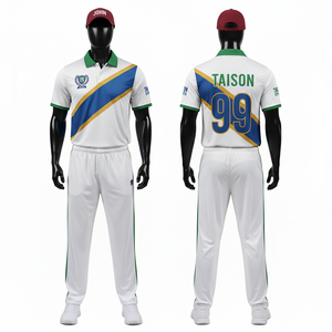 Men's <b>Cricket</b> Uniform Set 180 GSM Moisture Wicking Polyester Interlock <b>White</b> Green Collar Blue Gold Panel Sublimation Logo - Product Image 1
