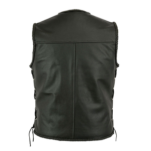 Gilet en jean pour homme en cuir véritable, col en V, style formel, bordure tressée écologique, taille ajustable, coupe classique, vêtement d'extérieur pour l'automne - Product Image 2
