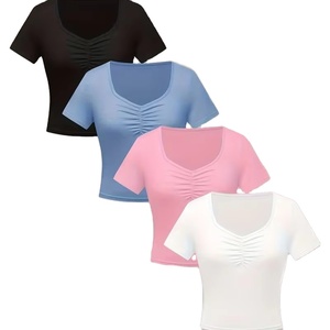 Vente en gros, faible MOQ, prix bas, été, t-shirt décontracté à col rond pour femme, nouveau, couleur unie, confortable, manches courtes, ensemble de 4 pièces - Product Image 1
