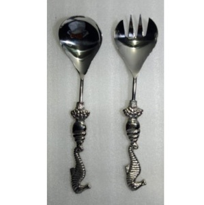 Juego de servidores de ensalada de acero inoxidable con mango de caballito de mar |   Cubiertos Náuticos de Lujo |   Juego de Cuchara y Tenedor para Ensalada de Metal Plateado para Eventos - Product Image 1