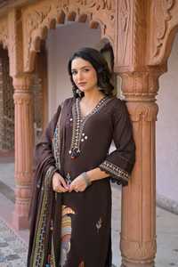Brown Cotton Ethnic <b>Kurta</b> Palazzo Set with Hand Drawn Print and Dupatta for <b>Women</b> Casual Wear - Product Image 3