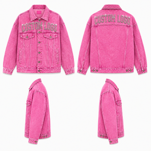 Custom Pink Denim <b>Jacket</b> with <b>Rhinestone</b> Logo Personalized Fashion Denim <b>Jacket</b> Manufacturer - Product Image 5