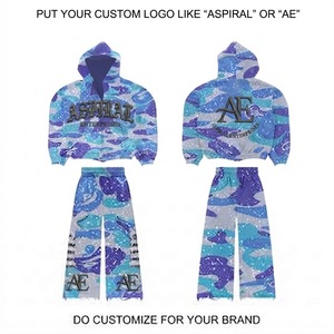 Survêtement athlétique épais 450 GSM, veste à capuche zippée intégrale et pantalon de survêtement, imprimé camouflage, streetwear unisexe, coupe ample printemps - Product Image 1