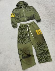 Custom Embroidery Print Sweatpants and Hoodie Set Y2K 2 Pieces Set Custom <b>Enzyme</b> Washed Oversized Cropped Zip up Hoodie Sets - Product Image 4