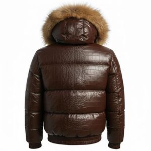 Unisex Brown Leather Puffer Jacket Genuine Leather Spring Bomber Streetwear Zipper Solid OEM Service - Product Image 2