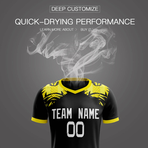 Tenue de football personnalisée 2026 la plus vendue, élégante et économique, ensemble complet noir et jaune 100 % polyester respirant à séchage rapide pour l'été, OEM - Product Image 2