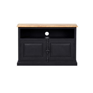 Meuble TV moderne en bois noir avec plateau en bois naturel, console de rangement, unité multimédia pour salon - Product Image 4