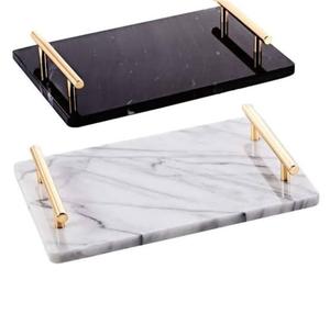 Juego de 2 bandejas de mármol para servir aperitivos, para uso en el hogar, hoteles y restaurantes, bandeja para servir pizza con asa dorada, bandeja de diseño - Product Image 1