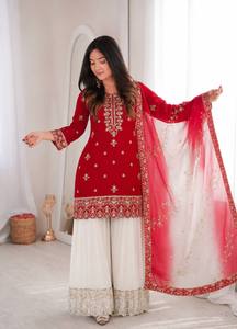 Kurti en soie naturelle pure brodée rouge, extensible et sans plis, pantalon palazzo blanc, dupatta, tenue traditionnelle indienne pakistanaise - Product Image 4