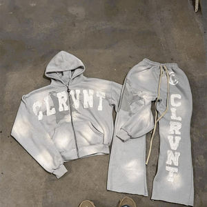 Unisex <b>Cropped</b> <b>Zip</b> <b>Up</b> Hoodie Sweatpants Set Oversized Two Piece Tracksuit Casual Fleece Streetwear Matching Outfit - Product Image 1