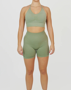 High Support Women's Seamless Fitness Yoga Set Breathable High Quality Solid Pattern Crisscross Bra Straps & Skinny Short - Product Image 1