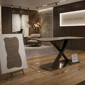 Table à manger contemporaine en bois à bords ondulés avec base en métal sculpté en forme de croix pour la salle à manger - Product Image 4