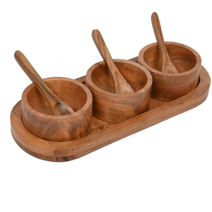 Handcrafted Acacia Wood <b>Condiment</b> Bowl Set with <b>Tray</b> and Spoons 3-Piece Spice Organizer & Eco-Friendly Serving Dish for Sale - Product Image 3