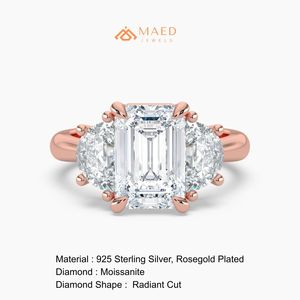 Elegant Rose Gold Radiant Cut Moissanite Engagement Wedding & Anniversary Three Stone Half Moon <b>Ring</b> High Quality Fine Jewellery - Product Image 6