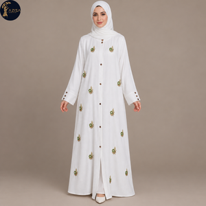 Abaya Blanca Pura con Estampado Verde Dorado y Botones en la Parte Delantera para Mujer |   Vestido modesto y fluido con textura fina - Product Image 1