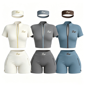 Custom Logo Summer Women's Sportswear <b>Set</b> 3-Piece Zipper Embroidered Solid Sleeveless Yoga Jacket <b>Short</b> <b>Tops</b> Polyester/Cotton - Product Image 4