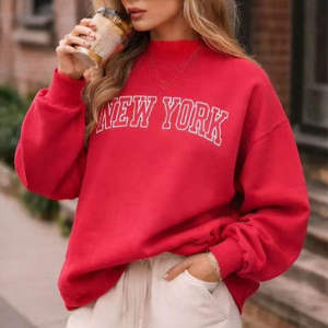 Womens Mock Neck Sweatshirt Slouchy Drop Shoulder Navy Blue New York Graphic Pullover Fleece - Product Image 4