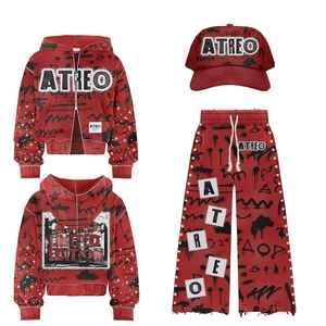 ATREO Women's Pink Hooded Tracksuit Set Printed Moon <b>Sun</b> Pattern Casual Loose Fit Full Sleeve Zipper Front Pants and <b>Hat</b> - Product Image 6