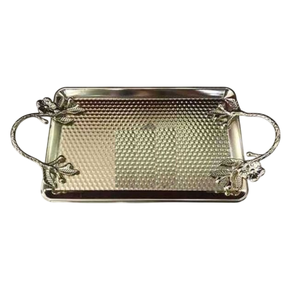 Wholesale <b>Silver</b> Metal Serving <b>Tray</b> With Gold Floral Design Handle Table Centerpiece Food Serving <b>Tray</b> & Platter For Kitchen Use - Product Image 6