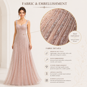 Elegante Vestido de Noche Rosa Pálido, Corte A, Sin Mangas, con Bordado y Tul |   Vestido Formal de Fiesta para Mujer, Marca Privada OEM, India - Product Image 5