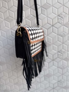 Women's Fringe Handbag Hand Tooled Carving Leather <b>Bag</b> Gypsy <b>Boho</b> Style Black White Checkered Pattern Western Multi Uses <b>Bag</b> - Product Image 2