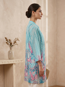 Open Front Mandarin Collar Blue Color Floral Print Shrug Longline Lightweight <b>Cardigan</b> Three Quarter Sleeves Bohemian Outerwear - Product Image 2