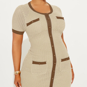 Solid <b>Custom</b> Women Beige Maxi Knitted Sweater <b>Dress</b> Brown Contrast Buttons And Pockets Short Sleeve A-Line Autumn Style Maxi - Product Image 3