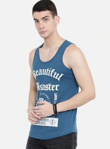 Camiseta sin mangas azul para hombre, con estampado informal, cuello redondo, transpirable, de algodón. - Product Image 5