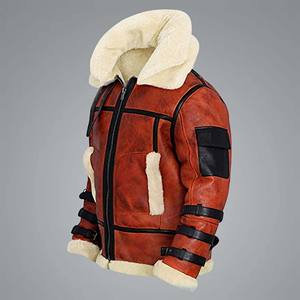 เสื้อแจ็คเก็ตบอมเบอร์บี3 สีแทนสำหรับผู้ชาย  ปกขนสีครีม  เสื้อโค้ทขนแกะสำหรับฤดูหนาว  หนังแกะแท้  บุขนแกะอุ่น  สไตล์นักบิน - Product Image 4