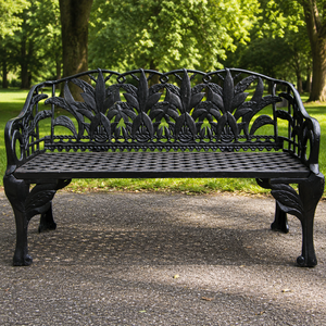Black Cast Iron Garden <b>Bench</b> Leaf Pattern Outdoor Patio Park Seating Decorative Lattice <b>Metal</b> Furniture Premium Classic Style - Product Image 2
