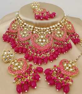 Premium Stainless Steel Crystal <b>Bridal</b> <b>Jewelry</b> <b>Set</b> 4-Pieces Women's Party Wear Gold Plated Vintage Style Pink Color For Women - Product Image 4