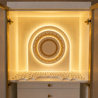 Mandir de prière en bois moderne fait main avec tiroirs de rangement, éclairage LED, finitions dorées, portes vitrées – Armoire de temple hindou pour Diwali