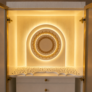 Wooden Pooja <b>Mandir</b> for Home with Storage Drawers LED Lighting Gold Trim Glass Doors Hindu Temple Cabinet Prayer Unit - Product Image 2