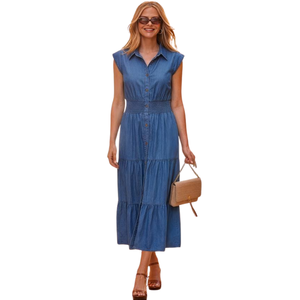 Vestido Largo Informal de Mezclilla para Mujer, con Botones al Frente, de Algodón, Proveedor de Ropa de Moda al por Mayor - Product Image 2