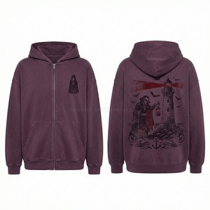 Sweat à capuche zippé personnalisé pour homme, en coton épais, avec motif phare, lavage vintage, style streetwear, fabrication - Product Image 1