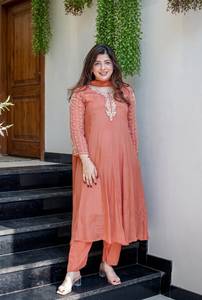 <b>Women</b> Glass Tissue Traditional Ankle-Length <b>Kurta</b> Set Regular Fit Embroidered India Pakistan Party Sun Protection Wrinkle Free - Product Image 1
