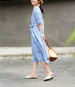 Elegant Sky Blue Cotton Linen Plain Maxi <b>Dress</b> With V-Neck Boho <b>Loose</b> Fit Short Sleeve Summer Casual <b>Dress</b> For Women - Product Image 2
