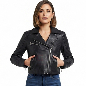 <b>Women's</b> genuine <b>Leather</b> Moto <b>Jacket</b> with Stand Collar Zipper Closure Slim Fit Biker Style and Functional Pockets for winter Wear - Product Image 1