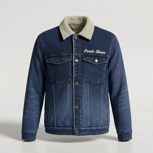 Men's Denim <b>Jacket</b> <b>Sherpa</b> <b>Lined</b> Create Chaos Embroidery Casual Autumn Button Fly Regular Fit Stonewashed Blue - Product Image 1