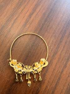 Anillo de nariz de oro macizo de 22k, joyería nupcial tradicional india, diseño de aro con esmalte floral de pavo real, tamaño grande, alambre para perforación. - Product Image 5