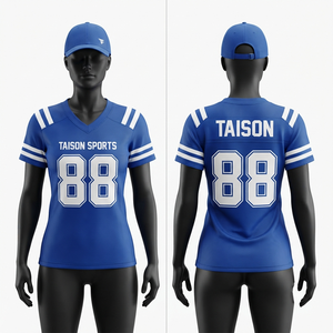 เสื้อฟุตบอลอเมริกันชาย พรีเมียม 160 GSM ผ้าโพลีเอสเตอร์ตาข่าย สีน้ำเงินขาว สกรีนโลโก้ตามสั่ง ระบายอากาศได้ดี ป้องกันแบคทีเรีย ป้องกันรังสียูวี - Product Image 1