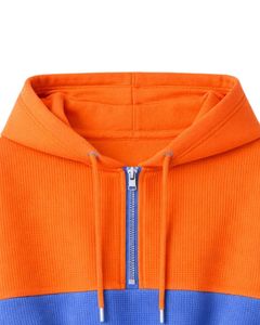 Ensemble décontracté deux pièces pour femme, comprenant un crop top à capuche zippé et un short, bicolore orange et bleu, en polyester et coton, vêtements de détente, vente en gros personnalisée - Product Image 4