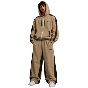 Al por mayor Conjunto de sudadera y pantalón de chándal unisex de peso pesado, con cremallera completa, estilo oversize, bloques de color, rayas en contraste, sudaderas con capucha de corte holgado y pantalones de chándal de pierna ancha y holgados para hombre - Product Image 2
