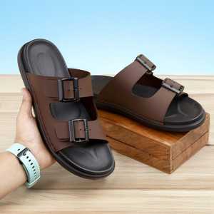 Sandalias de cuero marrón con hebilla para hombre, calzado informal clásico sin cordones con punta abierta, diseño de suela plana para viajes de verano, actividades al aire libre y uso diario. - Product Image 5
